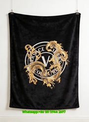 Versace Jeans Couture Black Gold Baroque V Logo Printed Flannel Throw Blanket IMG_1268